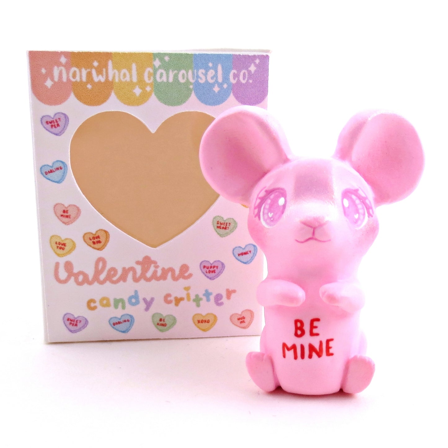 Pink Candy Heart Mouse Figurine with Box - Polymer Clay Animals Valentine Collection