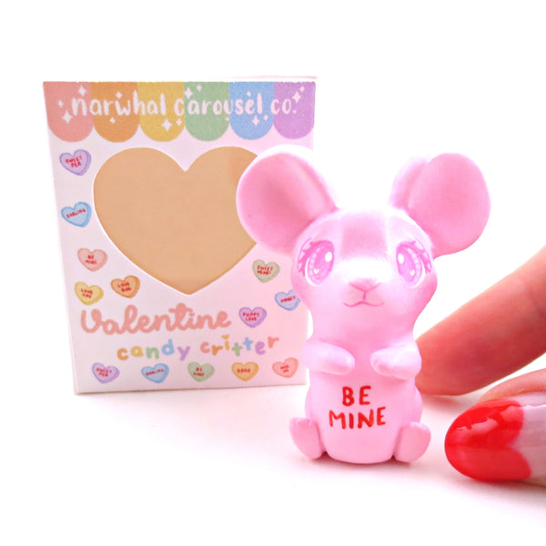 Pink Candy Heart Mouse Figurine with Box - Polymer Clay Animals Valentine Collection