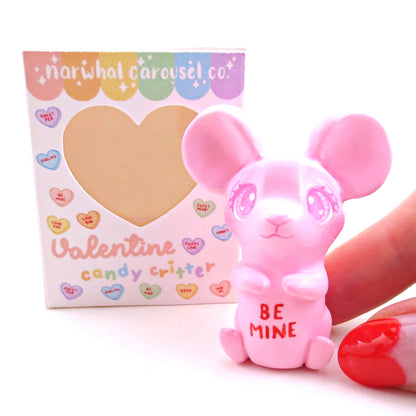 Pink Candy Heart Mouse Figurine with Box - Polymer Clay Animals Valentine Collection