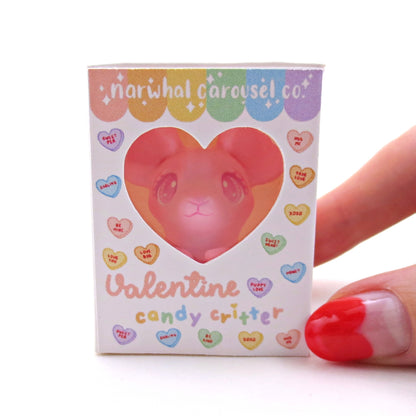 Pink Candy Heart Mouse Figurine with Box - Polymer Clay Animals Valentine Collection