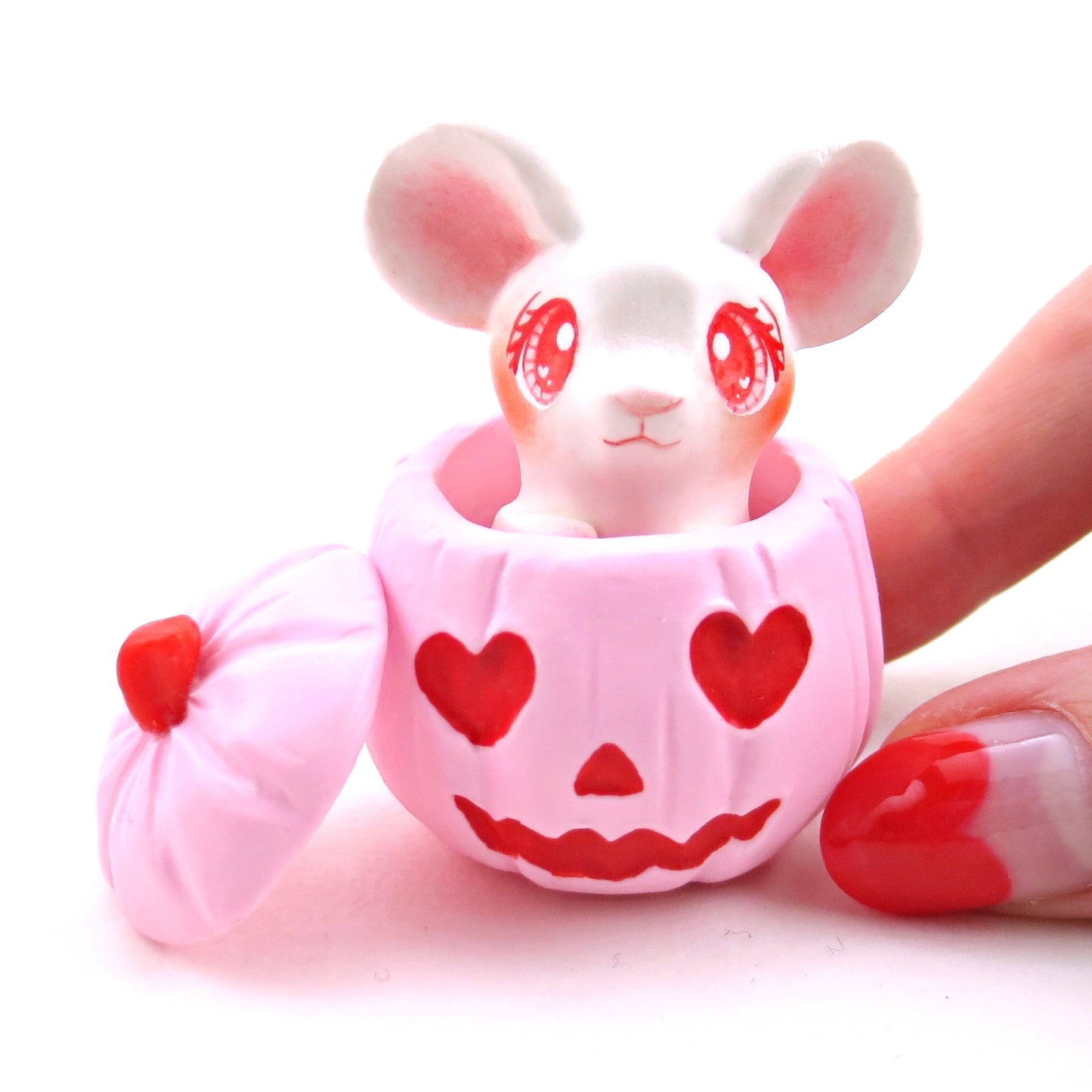 "Valenween" Mouse in a Pumpkin Figurine - Polymer Clay Animals Valentine Collection