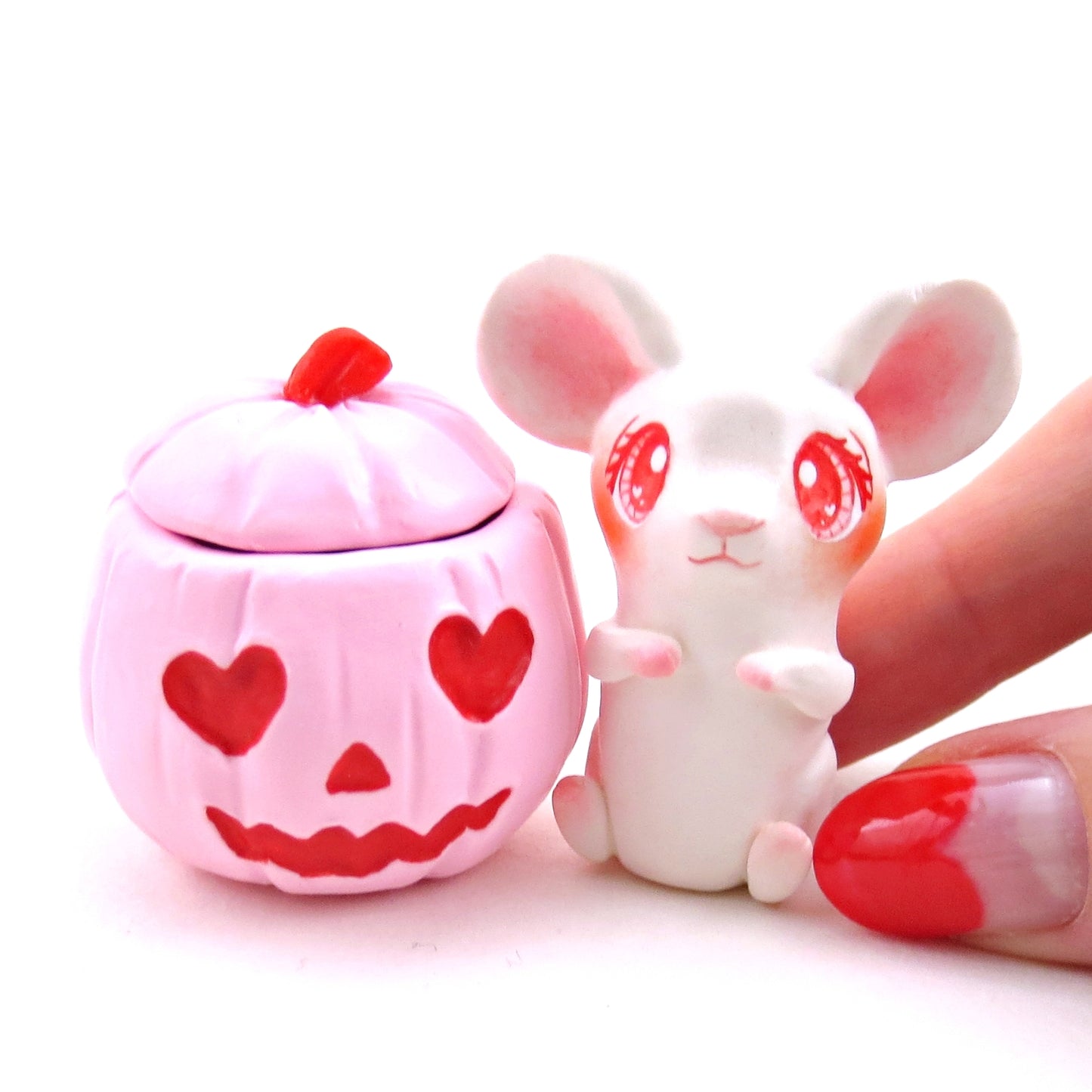 "Valenween" Mouse in a Pumpkin Figurine - Polymer Clay Animals Valentine Collection