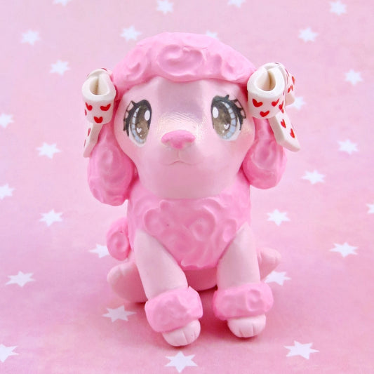 Pink Poodle Puppy with Heart Bows Figurine - Polymer Clay Animals Valentine Collection