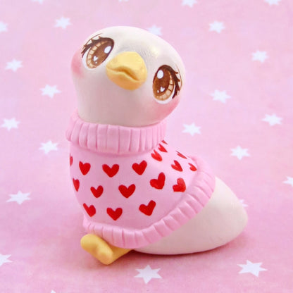 Goose in a Heart Sweater Figurine - Polymer Clay Animals Valentine Collection