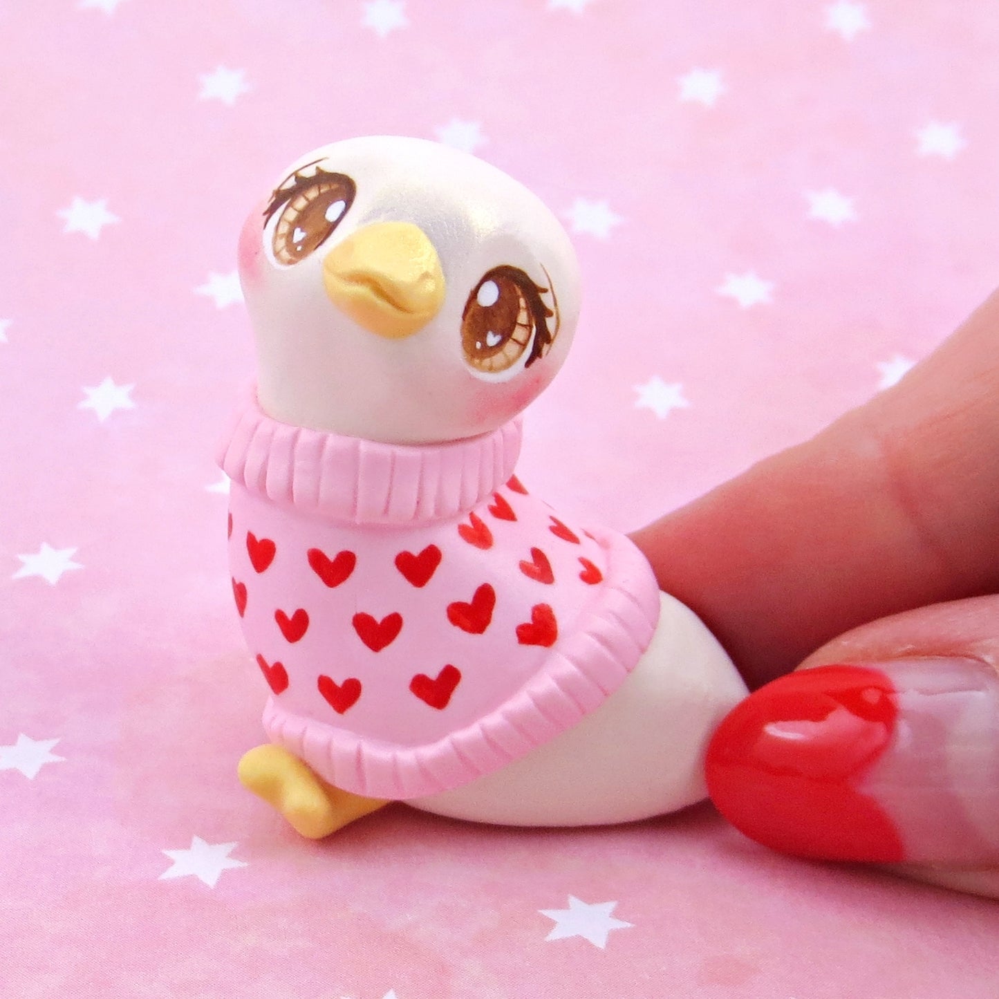 Goose in a Heart Sweater Figurine - Polymer Clay Animals Valentine Collection