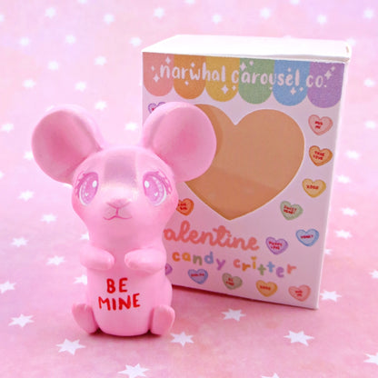 Pink Candy Heart Mouse Figurine with Box - Polymer Clay Animals Valentine Collection