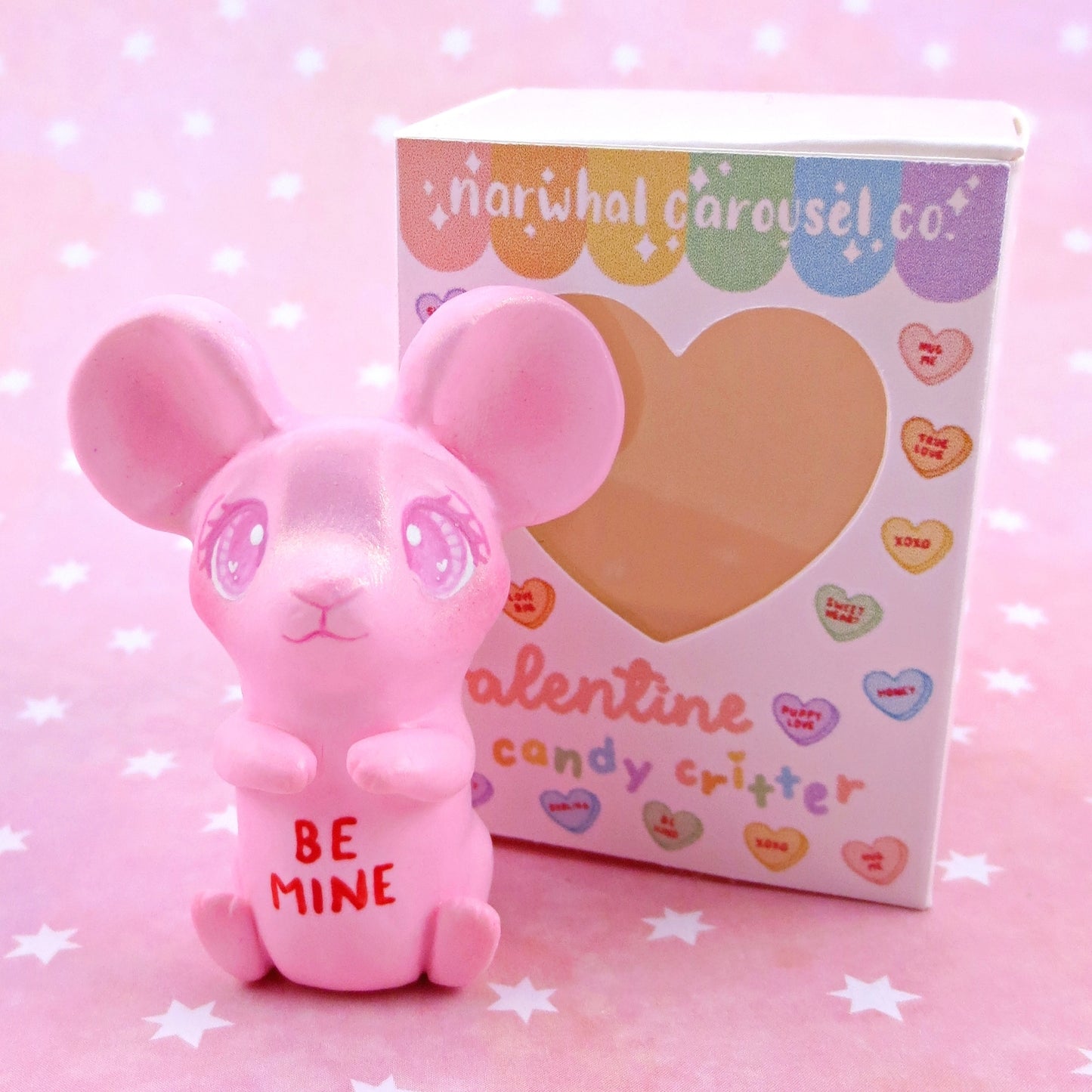 Pink Candy Heart Mouse Figurine with Box - Polymer Clay Animals Valentine Collection