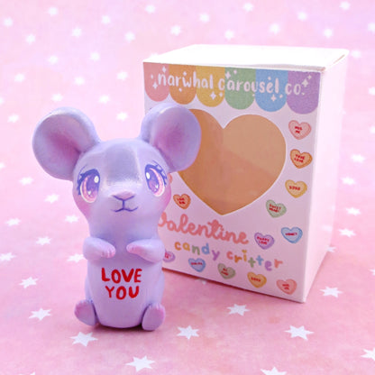 Purple Candy Heart Mouse Figurine with Box - Polymer Clay Animals Valentine Collection