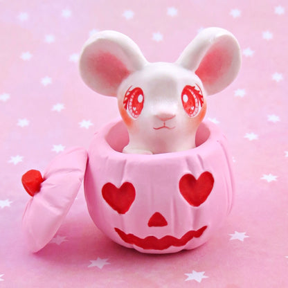 "Valenween" Mouse in a Pumpkin Figurine - Polymer Clay Animals Valentine Collection