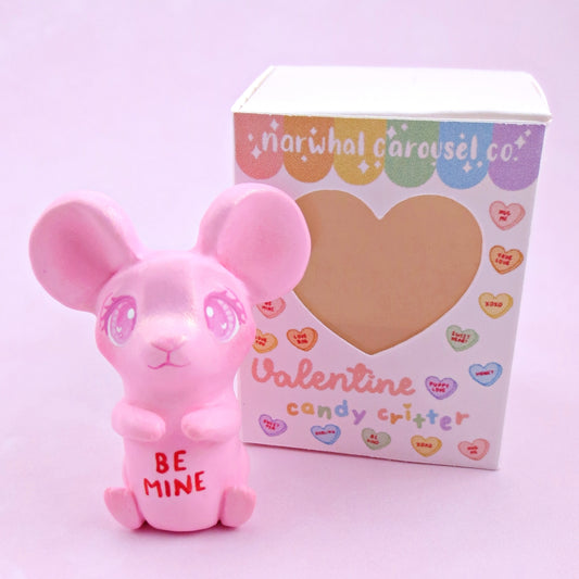 Pink Candy Heart Mouse Figurine with Box - Polymer Clay Animals Valentine Collection