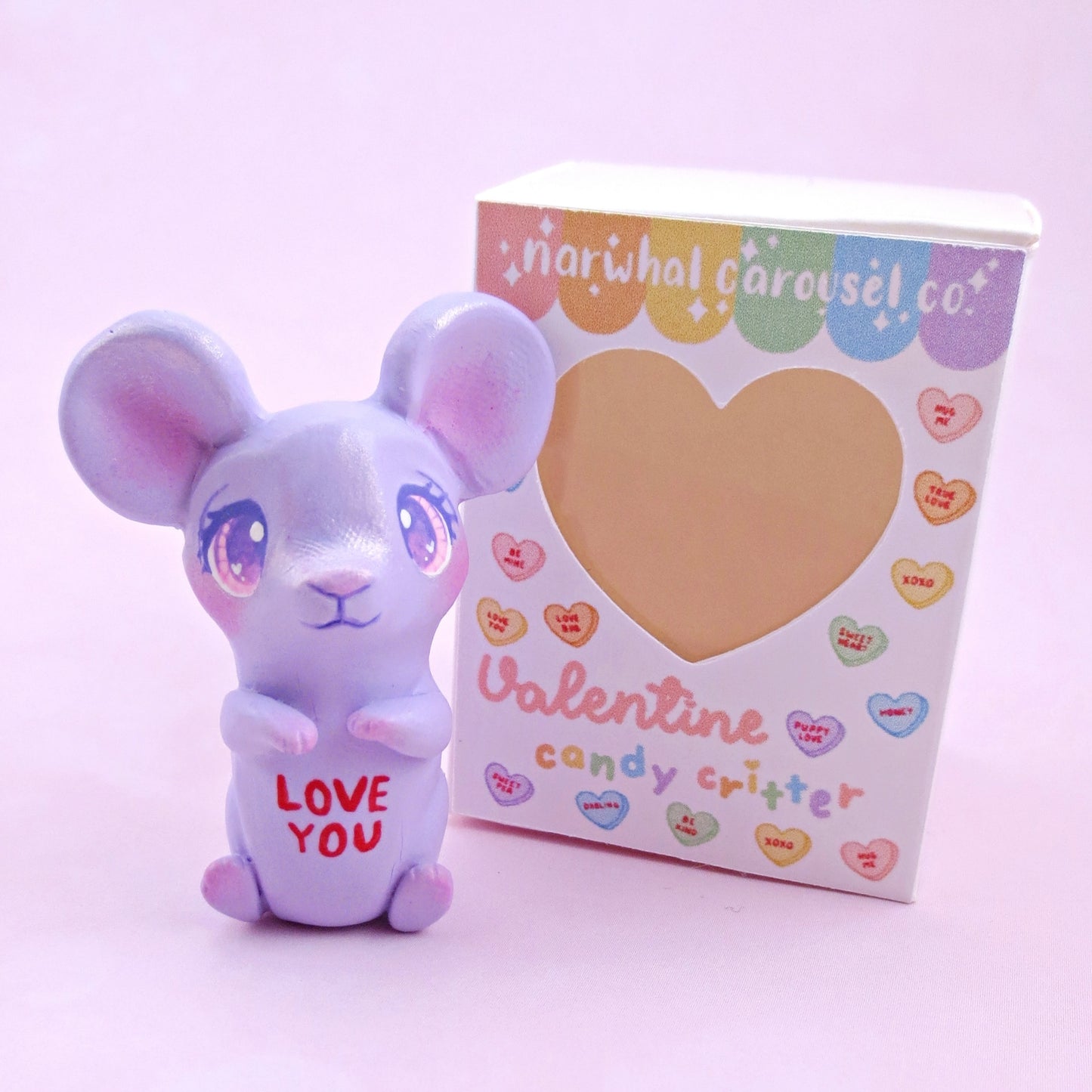 Purple Candy Heart Mouse Figurine with Box - Polymer Clay Animals Valentine Collection